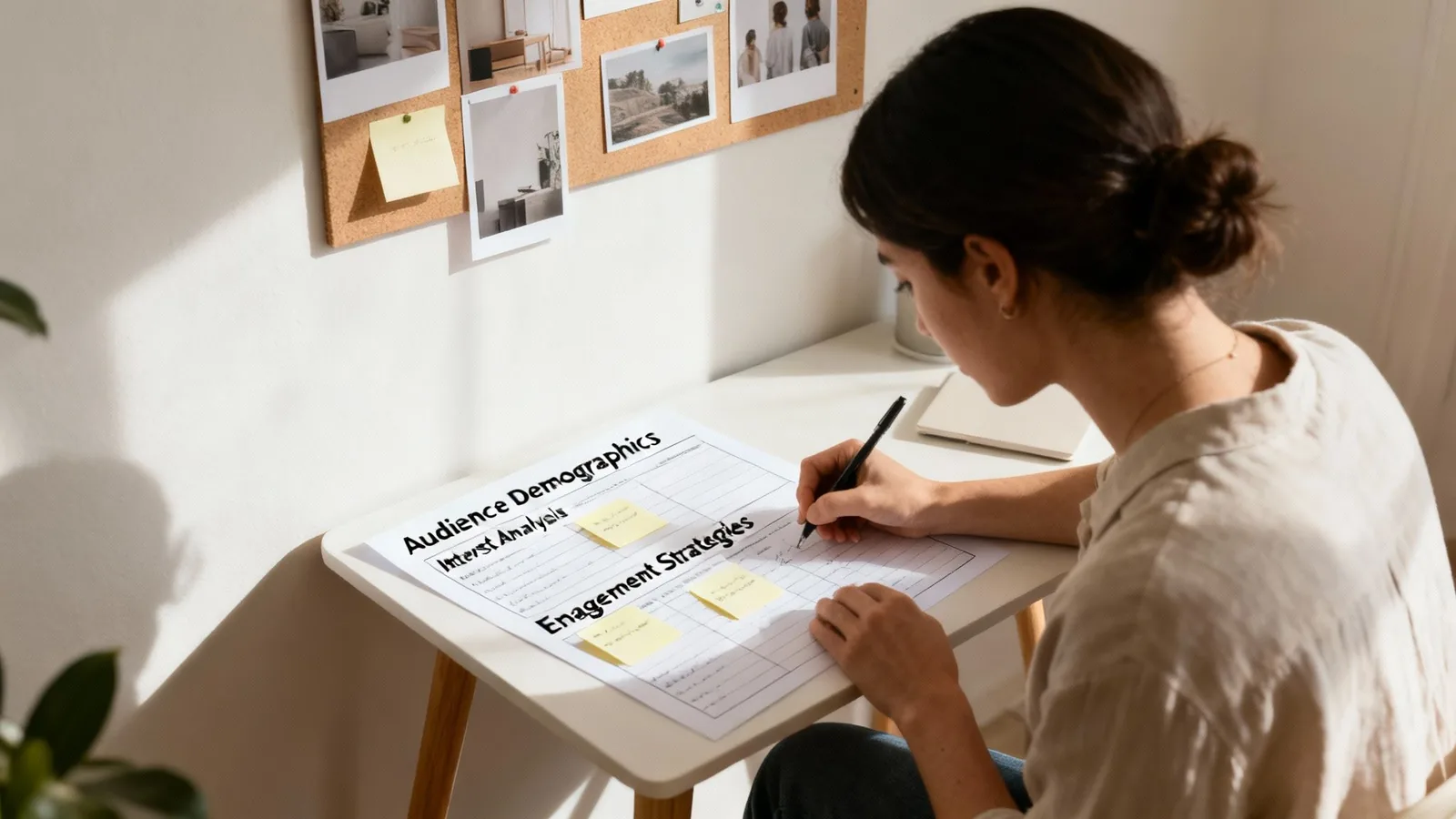 Young woman planning marketing strategies, writing on a document titled "Audience Demographics" and "Engagement Strategies".