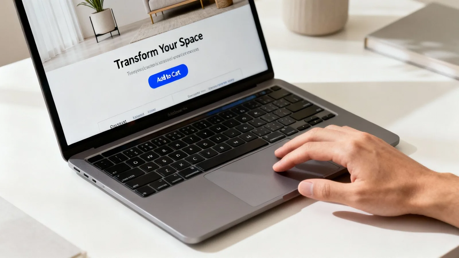 A person's hand uses a laptop displaying a website with 'Transform Your Space' and 'Add to Cart'.