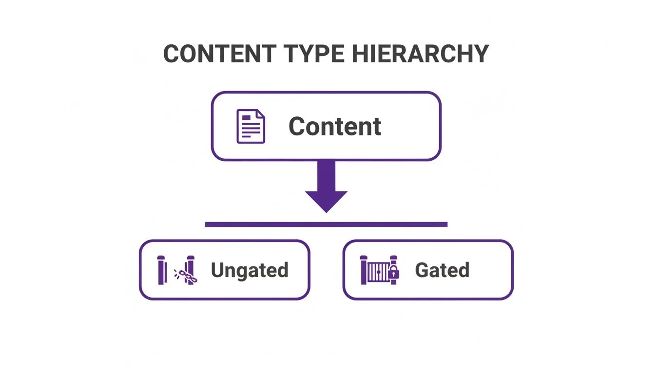 A content type hierarchy flow chart showing content splitting into ungated and gated.