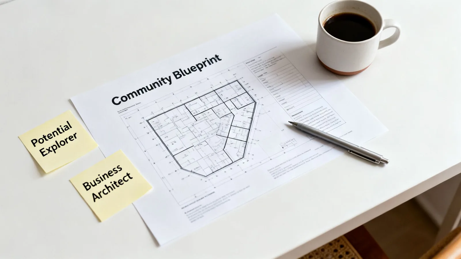 A top-down view of a desk with a "Community Blueprint" document, pen, coffee, and sticky notes.