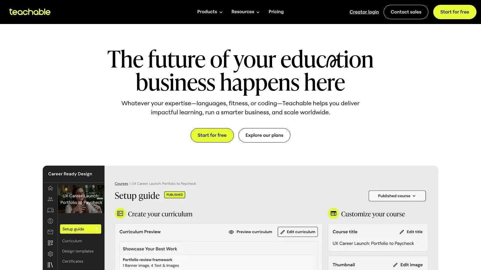 Teachable course creation interface showing lesson structure and content upload options.