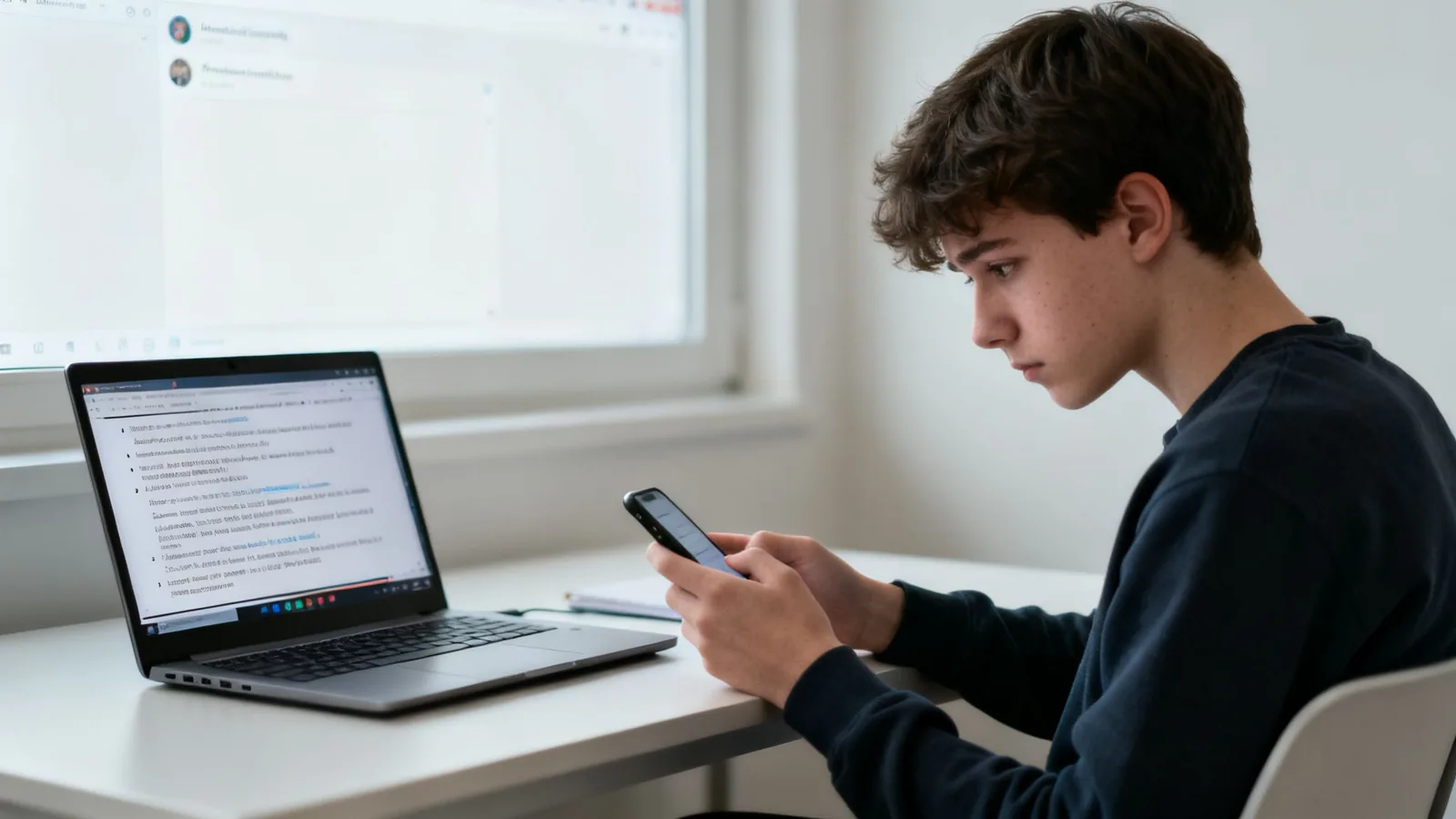 A young student at a desk, looking at their phone with a laptop open in front of them.