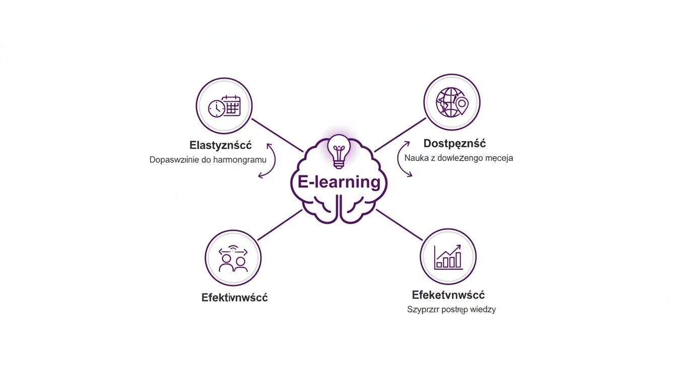 Diagram przedstawiający kluczowe zalety e-learningu: elastyczność, dostępność, efektywność i szybki postęp wiedzy.