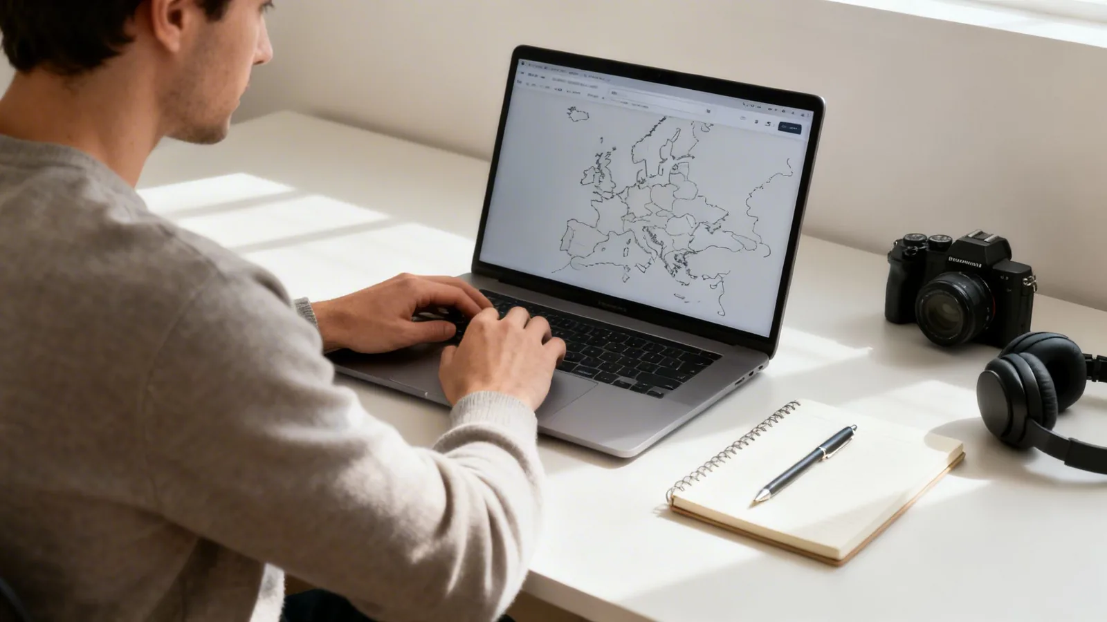 Mężczyzna pracuje na laptopie z mapą Europy. Obok na biurku leży aparat fotograficzny, słuchawki i notes.