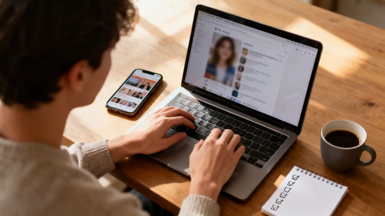 Młoda osoba pracuje przy laptopie na drewnianym biurku, obok kawa i telefon.