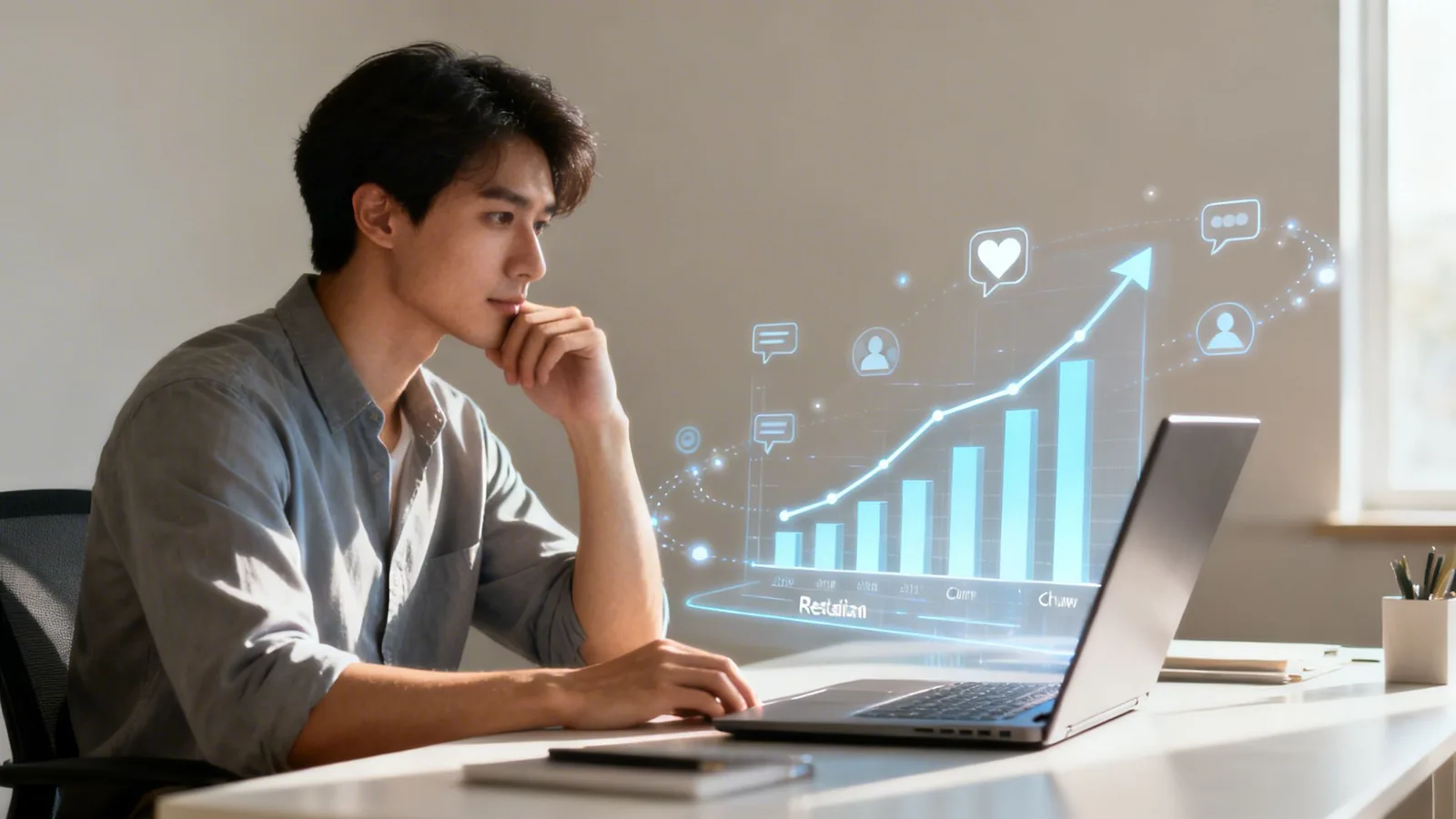 Young man analyzing a holographic growth chart with social media data on his laptop.