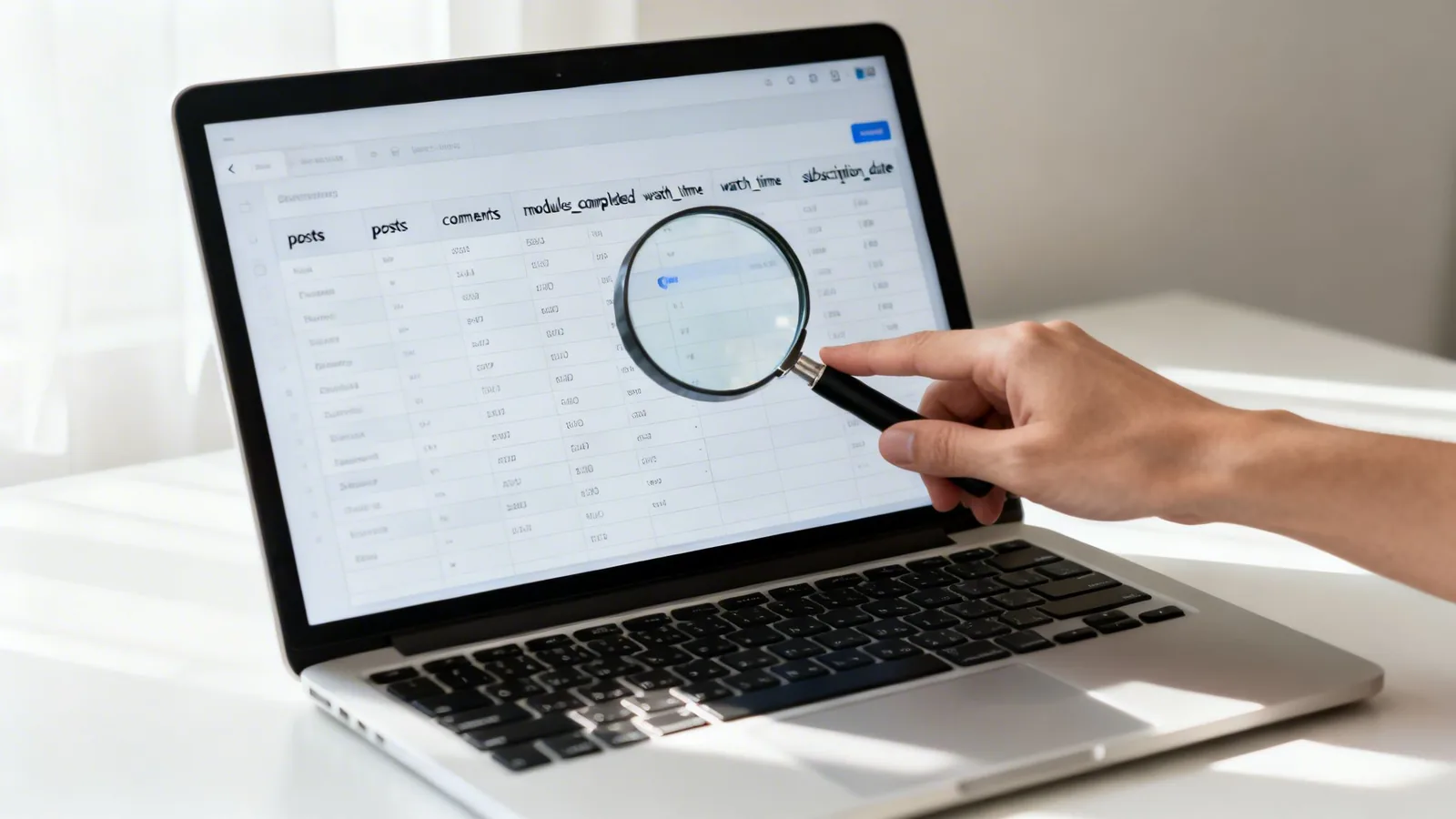 A person reviews customer engagement data on a laptop using a magnifying glass.