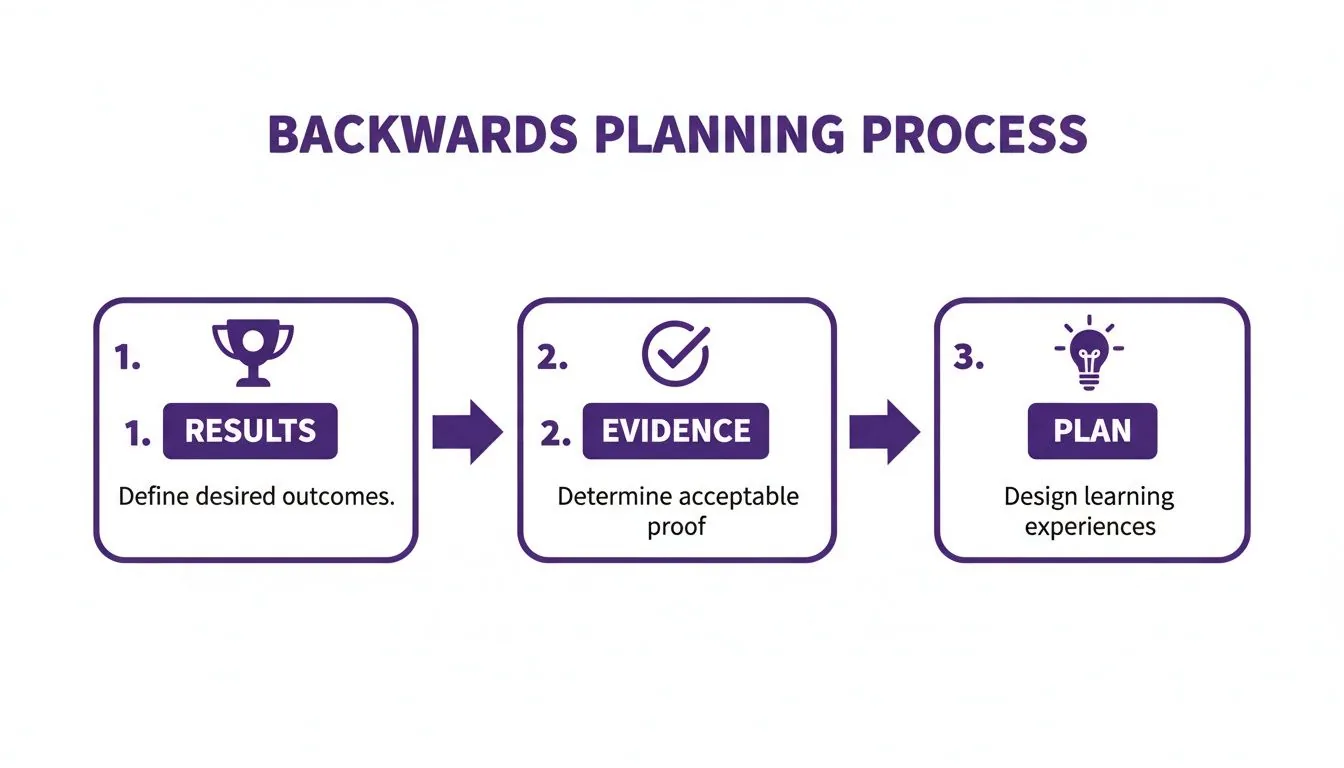 Diagram illustrating the backwards planning process with three steps: Results, Evidence, and Plan.