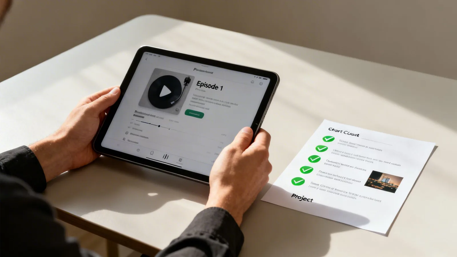 A person holds a tablet playing a podcast, with a checklist document nearby on a light-colored table.
