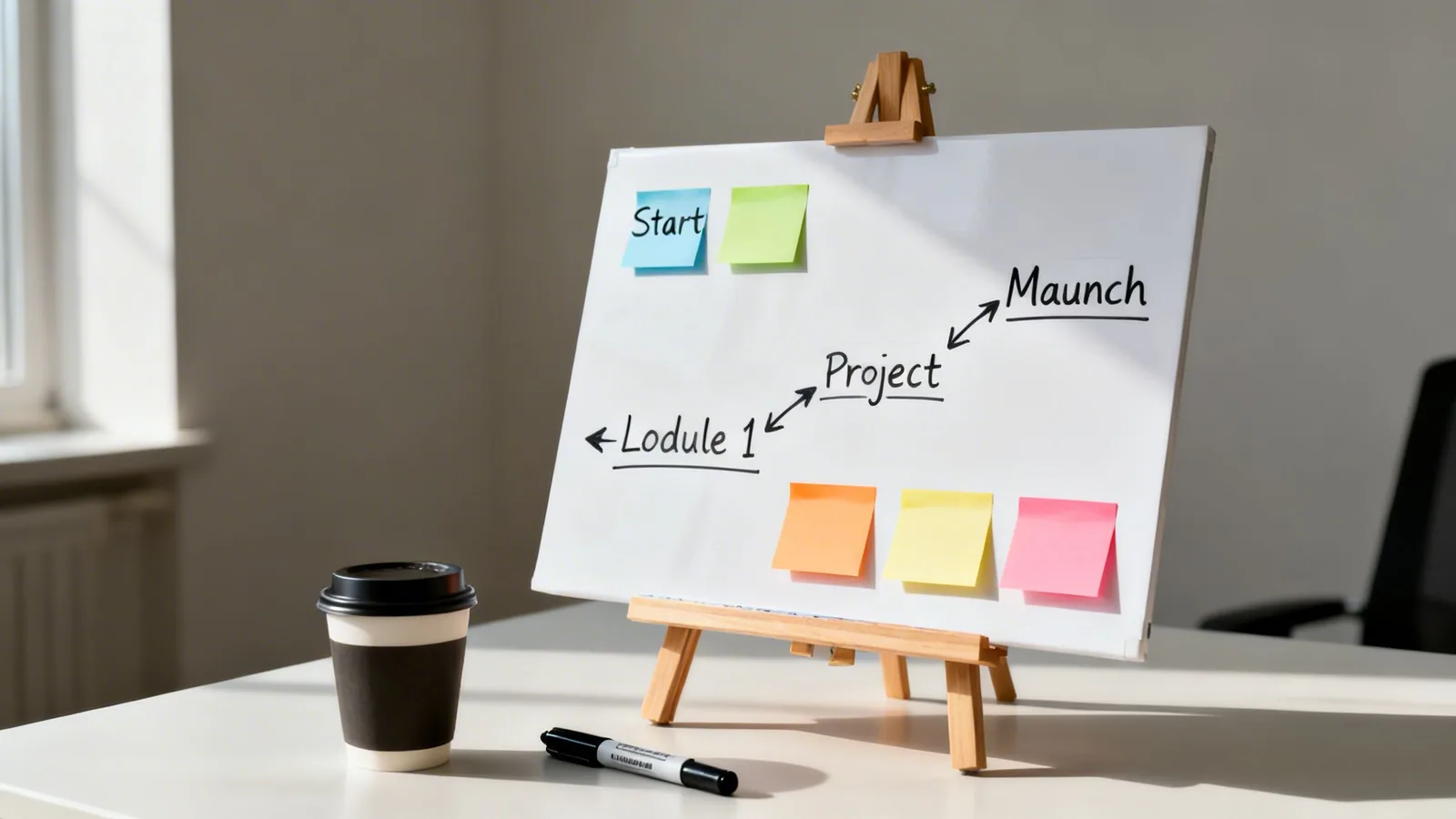 A project plan displayed on a whiteboard easel with colorful sticky notes and a coffee cup.