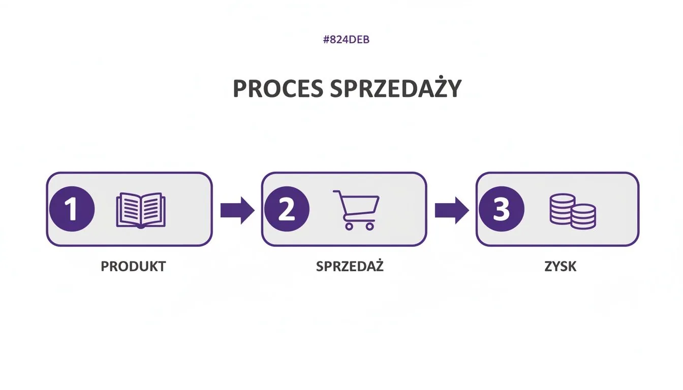 Diagram przedstawiający trzystopniowy proces sprzedaży z ikonami: produkt (książka), sprzedaż (koszyk), zysk (monety).