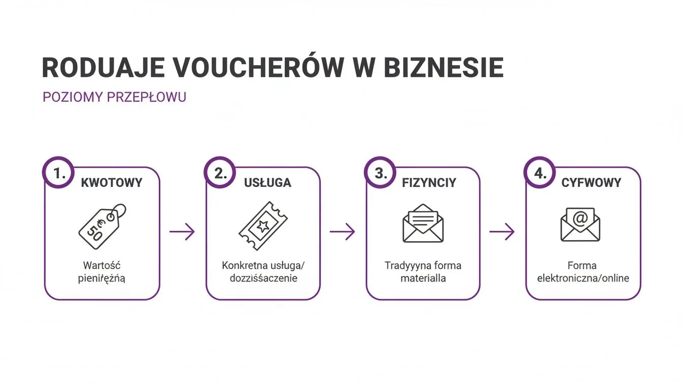 Diagram przedstawiający cztery rodzaje voucherów w biznesie: kwotowy, usługowy, fizyczny i cyfrowy.