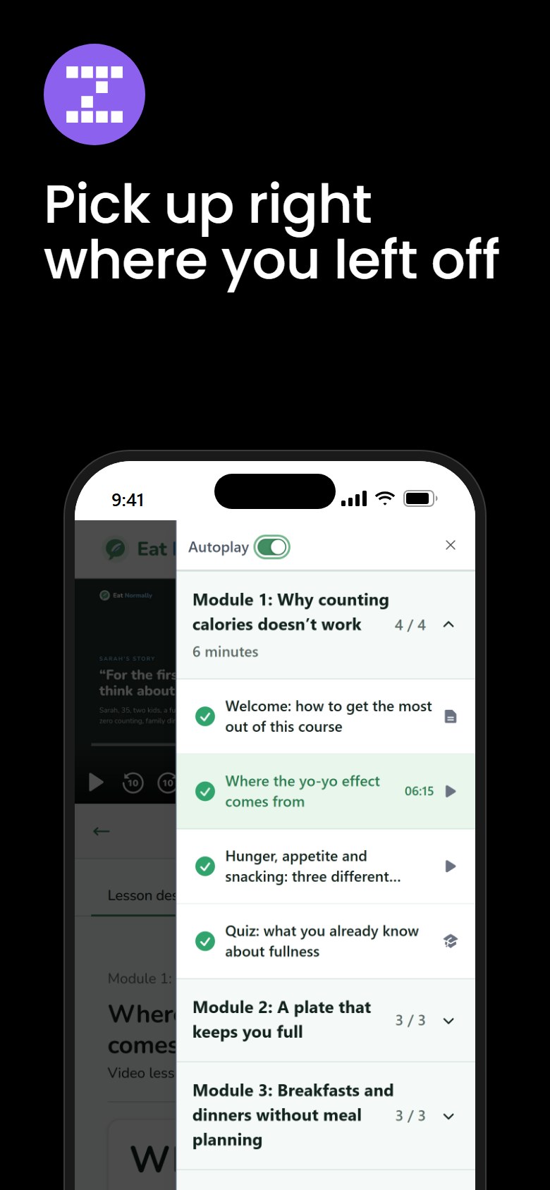 Zanfia app: course progress and lessons